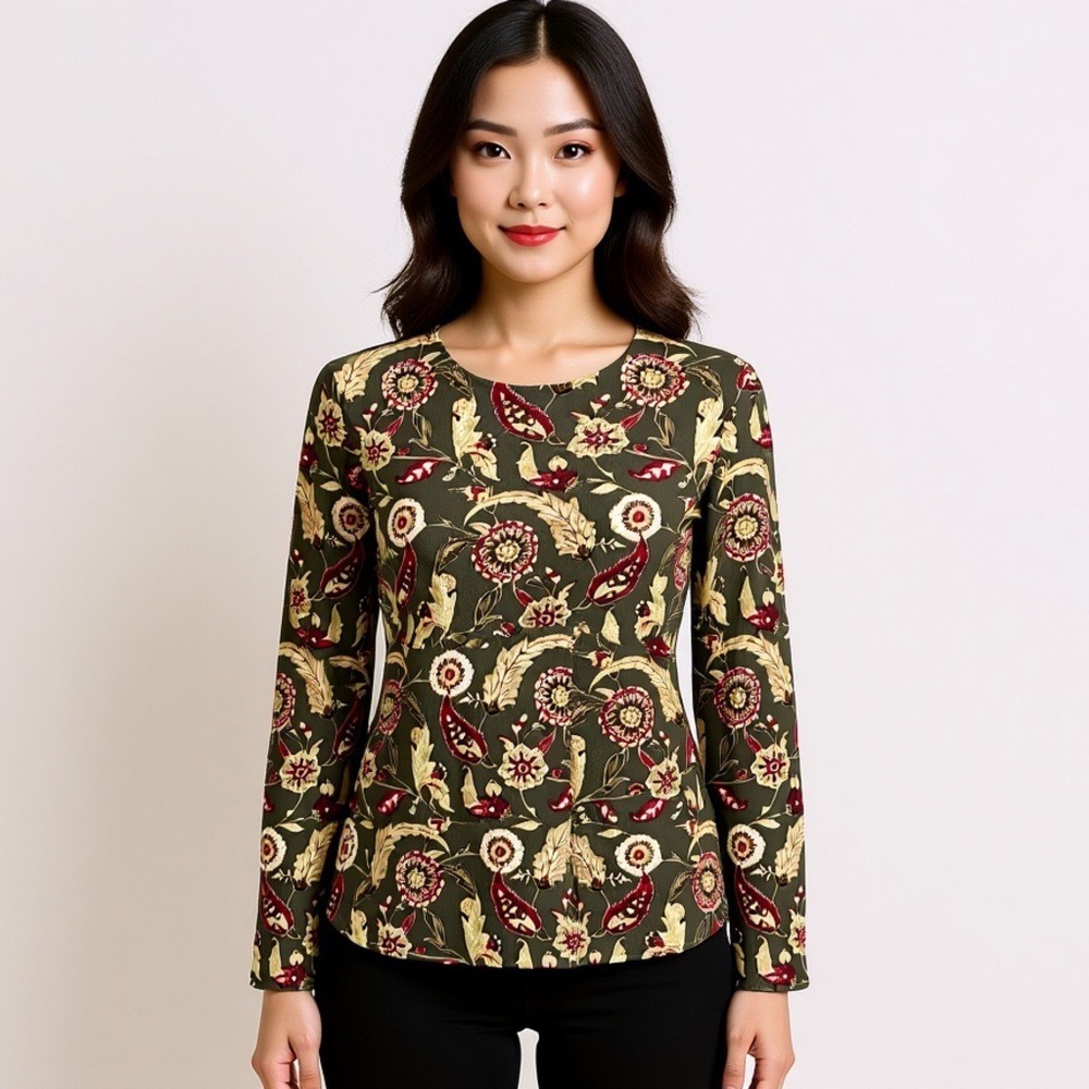 Carlisle Floral Long Sleeve Blouse - Green and Cream